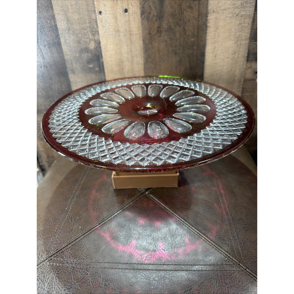 Westmoreland Glass "Waterford" Ruby Flash 12" Pedestal Cake Stand Vintage